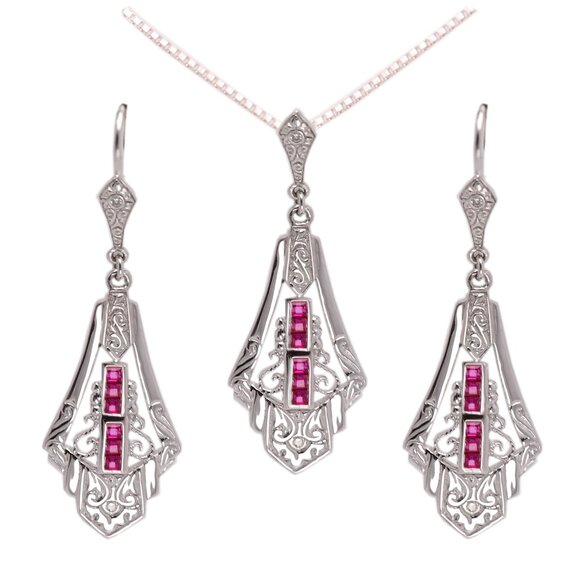 Art Deco Pendant Earring set silver and Real Gems Red Ruby Art Deco Jewelry